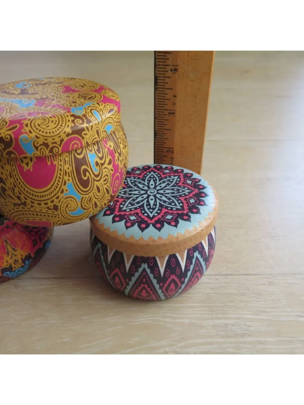 Set of 3 Small Mandala Patterned EMPTY Metal Storage Tins with Lids - 2